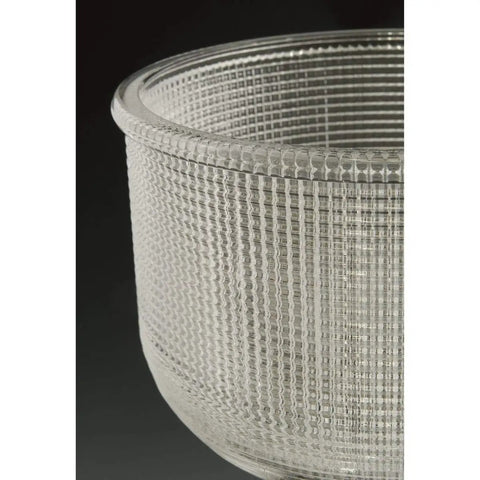 Close-up of clear prismatic glass shade for Medium Flush Mount Ceiling Light With Clear Prismatic Glass Shade In Antique Nickel Finish, 12 5/16 Inch Diameter By 6 1/4 Inch Height, Two 75 Watt Max, A Classic Yet Modern Home Lighting Upgrade.
