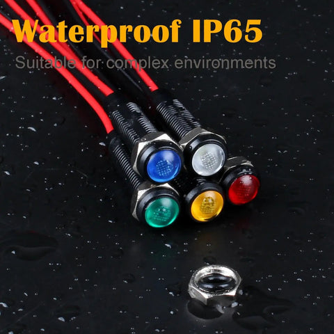 5 Pack 6mm LED Indicator Lights Black Plastic Signal Dots 12V To 24V With 1 Quarter Inch Mounting Hole And 15 Cm Wire Length Mixed Colors Red White Yellow Green Blue waterproof