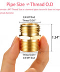 Close-up of Brass Garden Hose Adapter 3/4 GHT To 3/4 NPT Male Connector held by hand, with size measurements shown.