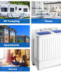 Portable Twin Tub Washing Machine 20 Lbs Compact Washer Spinner Combo in dorm and apartment settings, sleek blue and white design.