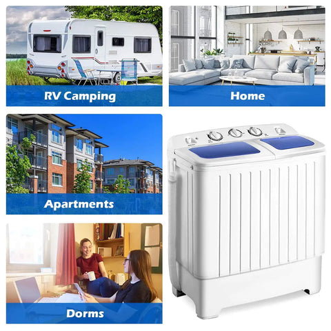 Portable Twin Tub Washing Machine 20 Lbs Compact Washer Spinner Combo in dorm and apartment settings, sleek blue and white design.