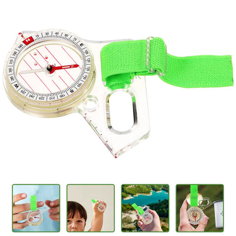 Directional Thumb Orienteering Compass Tool For Fast Positioning And Quick Trail Nav, clear base with green strap