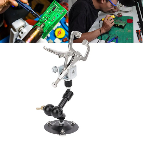 Adjustable Soldering Helper Third Hand Stand With Square Jaw Clamp holding PCB for electronics repair