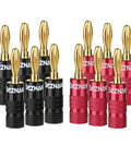 Banana Plugs With Dual Set Screws, Black And Red Aluminum Shell, Gold Plated 4mm Brass Contacts, Secure Connection For Clean, Distortion-Free Audio, High Fidelity Sound, Natural Sonic Accuracy, Six Pairs. Black and red banana plugs with gold tips