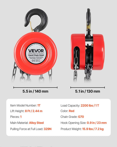 Front and side view of 1 Ton Hand Chain Hoist With 8 Ft Lift Galvanized G70 Chain Heavy Duty Pulley Block For Garage And Warehouse.