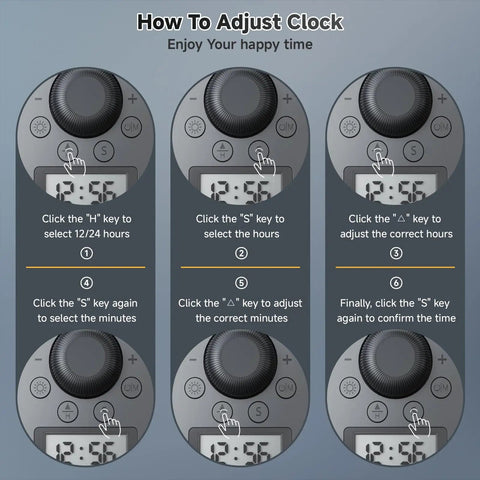 Instructions on adjusting clock on Bluetooth Computer Speakers Soundbar With Digital Clock Display, USB Plug And Play.