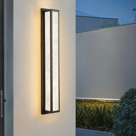 Dope Outdoor Wall Light 20W LED Exterior Fixture, 31.5 Inch IP65 Waterproof Sconce mounted on a wall, warm white glow, black iron backplate.