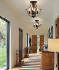 Four Light Farmhouse Pendant Lighting Featuring Rustic Faux Wood Chandelier Details And Sleek Flush Mount Fixture For Kitchen Island Dining Room, illuminating a hallway.
