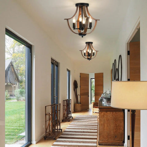 Four Light Farmhouse Pendant Lighting Featuring Rustic Faux Wood Chandelier Details And Sleek Flush Mount Fixture For Kitchen Island Dining Room, illuminating a hallway.