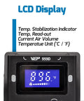 LCD display of Maker Friendly Pro Grade Hot Air SMD Soldering Rework Station With Quick Change Nozzle System showing temperature details