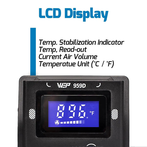 LCD display of Maker Friendly Pro Grade Hot Air SMD Soldering Rework Station With Quick Change Nozzle System showing temperature details