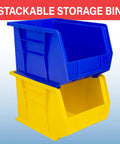 Blue and yellow stackable storage bins for garage and pantry organization, heavy duty, space saving totes, 11 by 8 by 7 inches