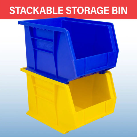 Blue and yellow stackable storage bins for garage and pantry organization, heavy duty, space saving totes, 11 by 8 by 7 inches