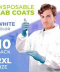 White Disposable Medical Gowns 2X Large Pack Of 10 PPE Isolation Scrub Gowns With Elastic Wrists, Loop Fasteners, Mandarin Collar, 60 GSM Microporous Material For Clinic, Hospital, Or Home Care, shown on model