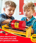 Children using Single Barrel Rotary Brass Tumbler With Stainless Steel Pins For Rock Polishing, 15 Lb Capacity machine.