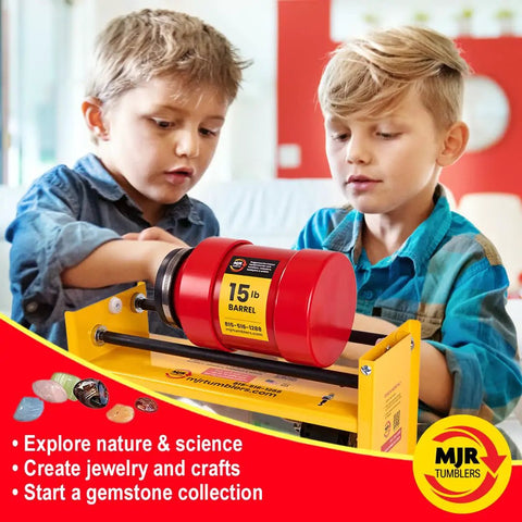 Children using Single Barrel Rotary Brass Tumbler With Stainless Steel Pins For Rock Polishing, 15 Lb Capacity machine.