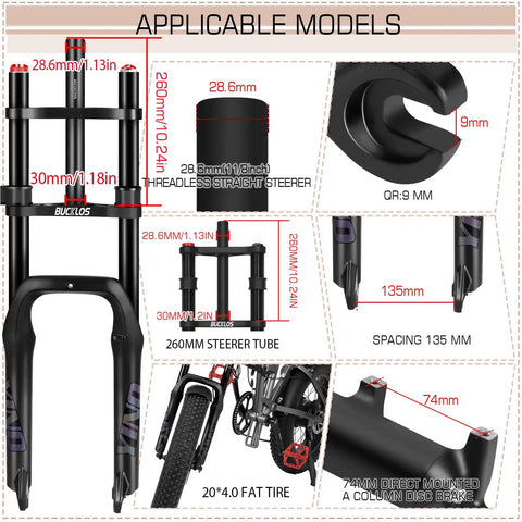 Diagram and measurements of Dope 20 Inch Fat Tire E Bike Front Fork With Air Suspension 180mm Travel and 135mm Spacing