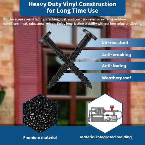 Sixty Pack Three Inch Vinyl Shutter Fasteners Heavy Duty Shutter Locks black vinyl pegs against window, showing weatherproof features.