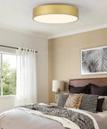 Ultra Sleek Gold Flush Mount Ceiling Light With White Acrylic Shade Contemporary 3 Light Round Fixture in Bedroom