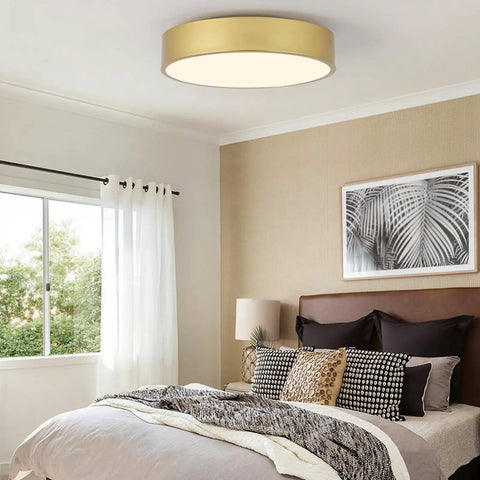 Ultra Sleek Gold Flush Mount Ceiling Light With White Acrylic Shade Contemporary 3 Light Round Fixture in Bedroom