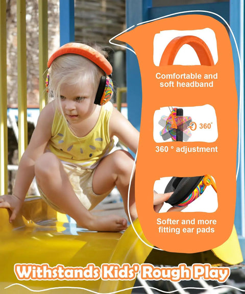 Kids Noise Canceling Ear Muffs For Hearing Protection 25NRR Earmuffs For Toddlers And Autism Sensory Needs Fun Orange Design Great For School Or Travel