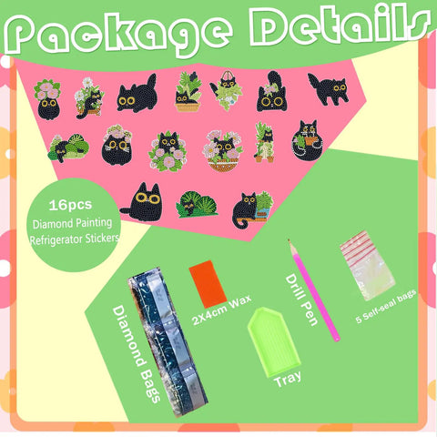 Black Cat Diamond Art Magnets Kit 16Pcs 5D DIY Diamond Painting Magnets with tool kit and rhinestone refrigerator crafts