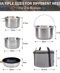 Camping Cookware Set In 304 Stainless Steel with pots, pan, kettle, colander, tote; sizes shown; outdoor gear for 4 to 6 campers