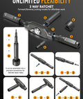 78 In 1 Magnetic Ratchet Screwdriver Set With Detachable T Handle And Diamond Faceted Grip shown with 3-way ratchet for versatile repairs.