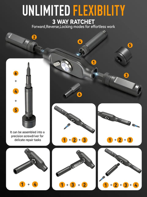 78 In 1 Magnetic Ratchet Screwdriver Set With Detachable T Handle And Diamond Faceted Grip shown with 3-way ratchet for versatile repairs.