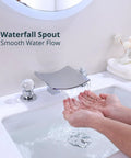 Waterfall Bathroom Faucet For 8 Inch Widespread 3 Hole Vanity Deck Mount With Two Crystal Handles, Stainless Steel Polished Chrome Finish