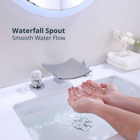 Waterfall Bathroom Faucet For 8 Inch Widespread 3 Hole Vanity Deck Mount With Two Crystal Handles, Stainless Steel Polished Chrome Finish
