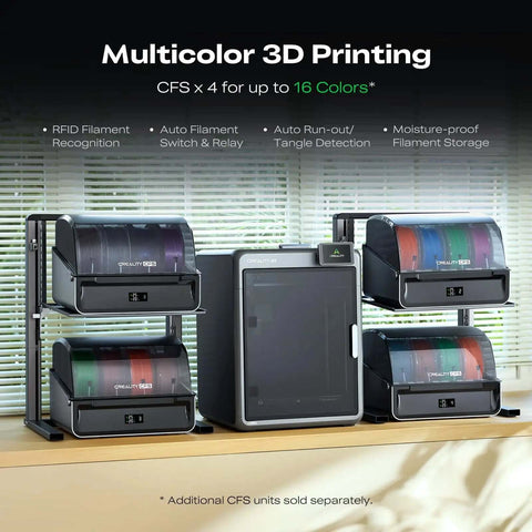 Dope Multicolor 3D Printer K2 Combo A With Four CFS Modules For 16 Color Printing displayed on a desk with auto leveling features