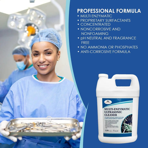 Straight Up Heavy Duty Enzymatic Ultrasonic Cleaner One Gallon Solution with dental tools in a surgical setting.