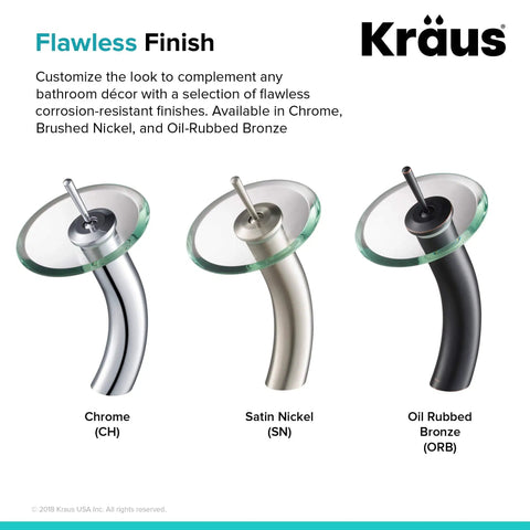 Tall Waterfall Vessel Sink Faucet With Frosted Glass Disk And Pop Up Drain Chrome Finish Next Level Centerpiece For Modern Bathrooms as shown in three finishes: Chrome, Satin Nickel, Oil Rubbed Bronze.