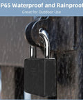 Smart Fingerprint Padlock With Waterproof Design, Key Backup, And Mobile App Control for outdoor use in rain shower.