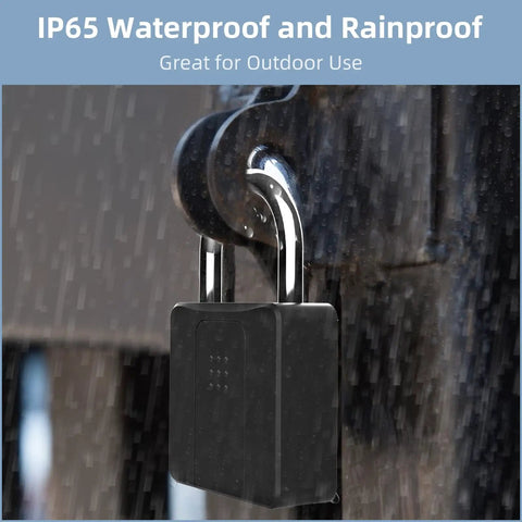 Smart Fingerprint Padlock With Waterproof Design, Key Backup, And Mobile App Control for outdoor use in rain shower.