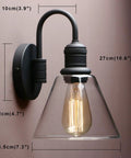 Retro Industrial Wall Sconce Light With Clear Glass Funnel Shade And Gooseneck Curve In Black Finish For Bathroom Porch Kitchen Living Room Hotel Bar Foyer E26 Compatible Hardwired Fixture