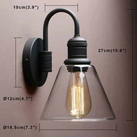 Retro Industrial Wall Sconce Light With Clear Glass Funnel Shade And Gooseneck Curve In Black Finish For Bathroom Porch Kitchen Living Room Hotel Bar Foyer E26 Compatible Hardwired Fixture