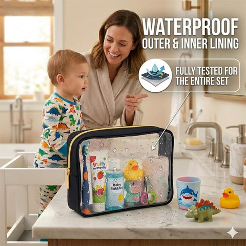 Clear TPU Diaper Bag Organizer Set Five Piece Pouch Cubes on bathroom counter with baby essentials visible, waterproof feature shown.