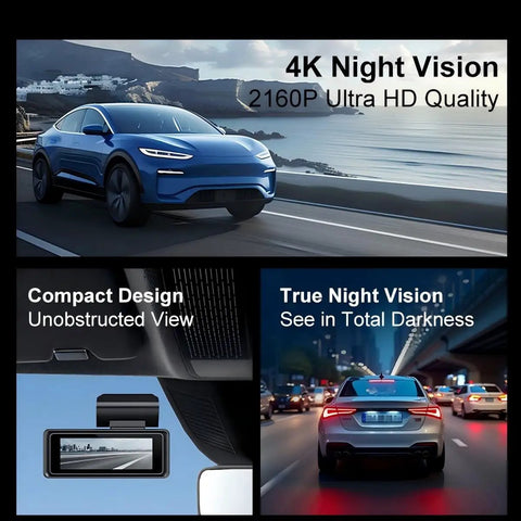 Heavy Duty Triple Lens Dash Cam Built For Chevy Bolt EV Compact Front Side And Rear View With Super Crisp Night Vision Seamless Loop Recorder Keep Your Ride Locked Down For Work Runs showcasing 4K night vision and compact design.