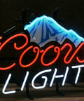 Coors Light branded neon sign with blue mountain, ideal for bars, man caves. Features LED style glass tubes. Handmade Beer Neon Sign.