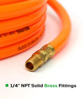 3/8 Inch 50 Foot Heavy Duty Air Hose With Reinforced PVC Construction And Brass Fittings, Delivers Up To 300 PSI shown coiled