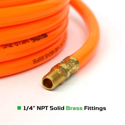 3/8 Inch 50 Foot Heavy Duty Air Hose With Reinforced PVC Construction And Brass Fittings, Delivers Up To 300 PSI shown coiled