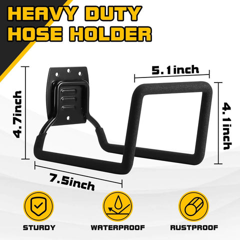 Heavy Duty Metal Wall Mounted Garden Hose Holder Reel dimensions and features displayed in image