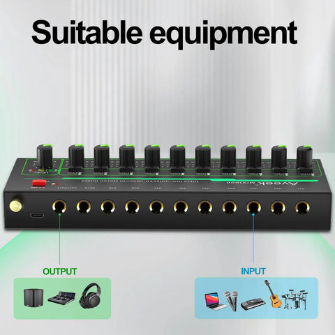 10 Channel Mini Stereo Audio Mixer Low Noise For Precision Sub Mixing Quarter Inch TRS Input Output front view.