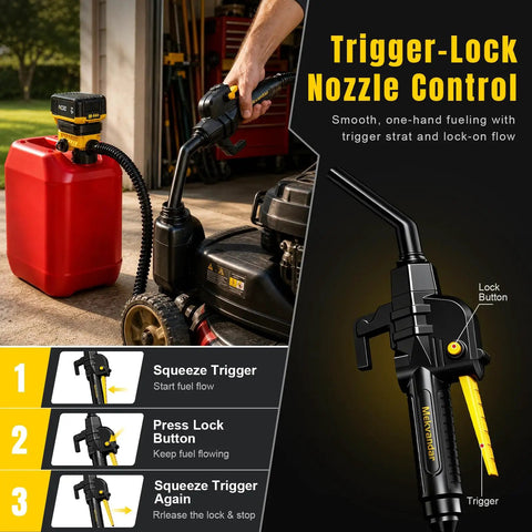 Cordless Fuel Transfer Pump For 20V Max Battery Gas Cans Three Point Seven GPM Fast Flow Portable Pump That Lets You Move Fuel Quickly Without Hand Pumping Fits Wide Mouth Can Openings Over Thirty Six Millimeters Battery Not Included, black nozzle close-up