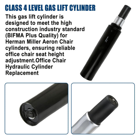 6 Inch Pneumatic Gas Cylinder For Classic Aeron Chair Replacement, black hydraulic lift with silver base, close-up and side views