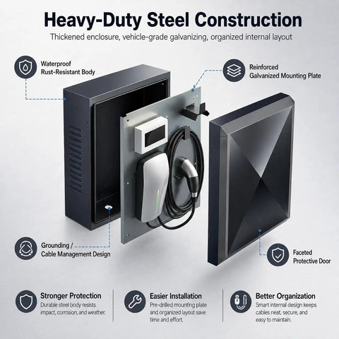 Heavy Duty Steel EV Charger Enclosure With Lockable Faceted Door Weather Resistant Outdoor Charging Station showing internal layout and components