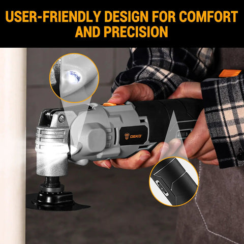No Drama 20V Brushless Cordless Oscillating Multitool with LED, ergonomic grip for precision in cutting and scraping.