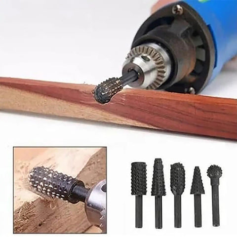 Five Piece Rotary Burr Set For Woodworking Metal Carving And Polishing With One Quarter Inch Shank in use on wood with power drill